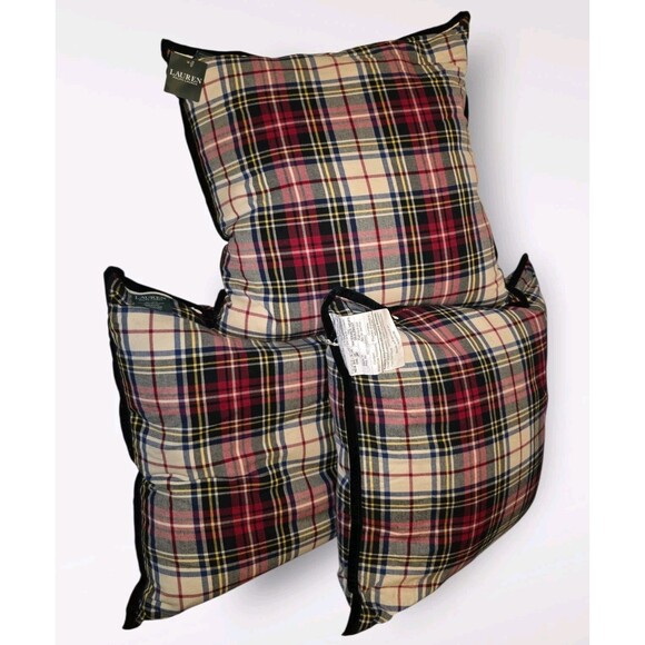 Ralph Lauren 3 Tartan Plaid Black Velvet Trim 20" Feather Filled Throw Pillows - Picture 1 of 10
